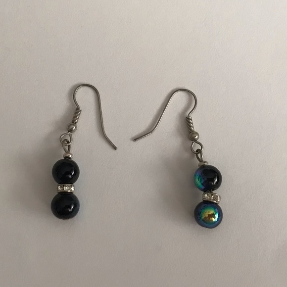 New Handmade by Artist Earrings Blue Beads Faux Diamonds - Picture 12 of 16